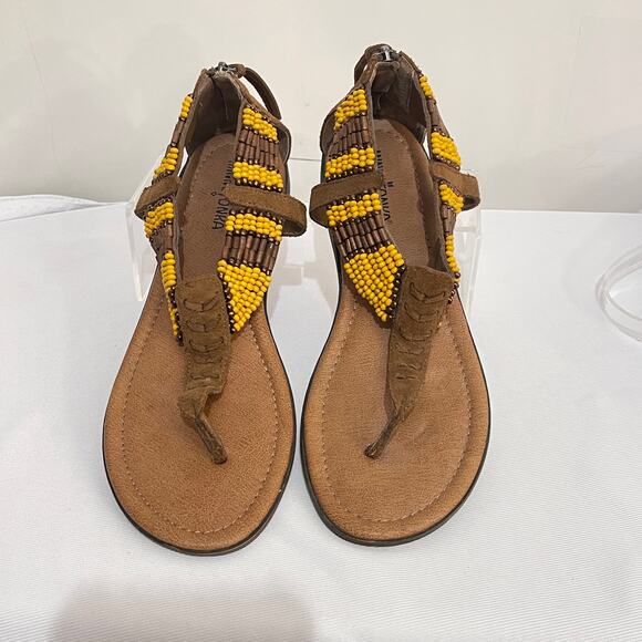 Minnetonka Ankle Sandals Womens 9 Brown Leather Yellow Beads Gladiator BOHO - Picture 2 of 9